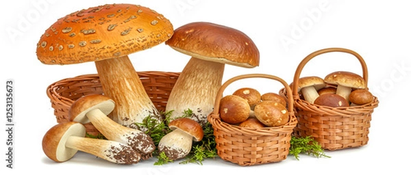 Fototapeta Different types of mushrooms in a wicker basket