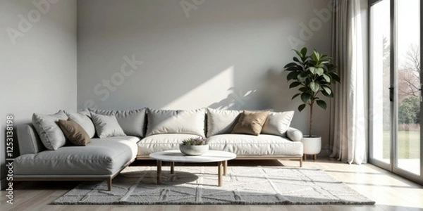Obraz Modern Sectional Sofa in a Sunlit Living Room with Neutral Decor and Minimalist Design