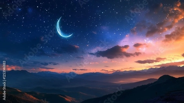 Fototapeta Elegant islamic eid mubarak greeting card design for muslim holidays featuring a beautiful crescent moon and twinkling stars on a deep blue night sky background, perfect for eid-ul-adha and ramadan fe
