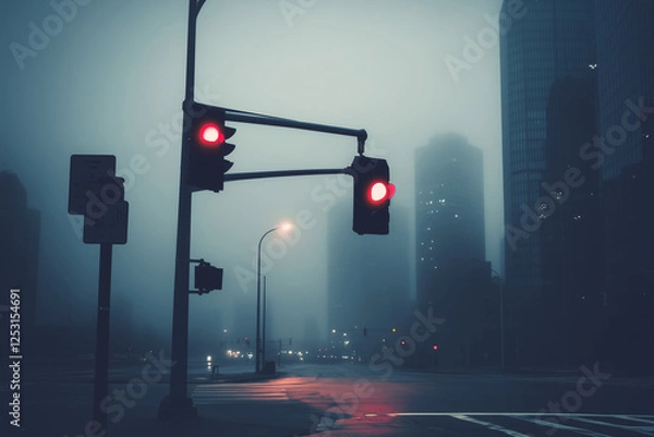 Obraz Lonely Traffic Light Glowing Red in a Foggy and Mysterious Urban Street Scene
