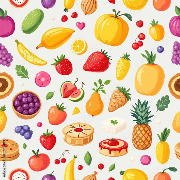Fototapeta A variety of colorful fruits and desserts, including bananas, apples, oranges, strawberries, grapes, pineapple, watermelon, pears, and cakes. Vector patterns, random pattern