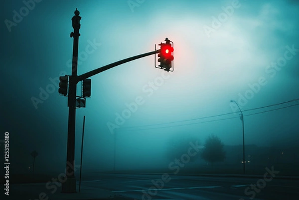 Obraz Lonely Traffic Light Glowing Red in a Foggy and Mysterious Urban Street Scene