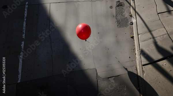 Obraz Lonely Red Balloon Floating Over a Shadowed Urban Street