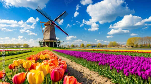 Obraz Traditional Dutch Windmill Amidst Vibrant Tulip Fields Under a Blue Sky