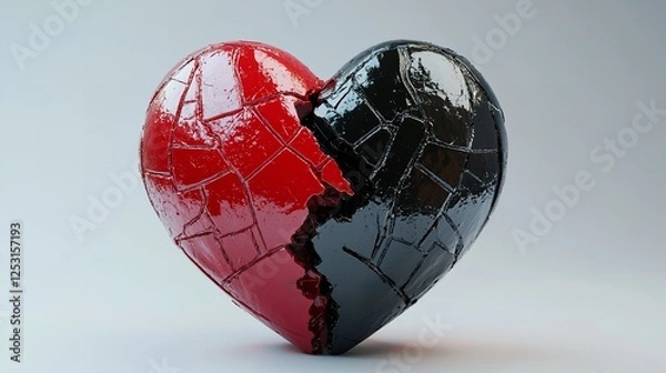 Fototapeta A broken red and black heart on a white surface. Suitable for themes of heartbreak and lost love
