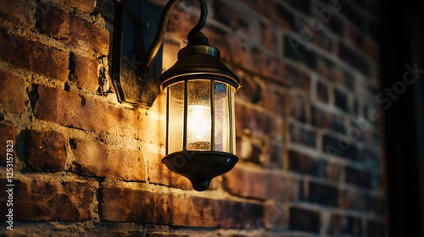 Obraz Vintage Lantern on Rustic Brick Wall with Warm Glowing Light