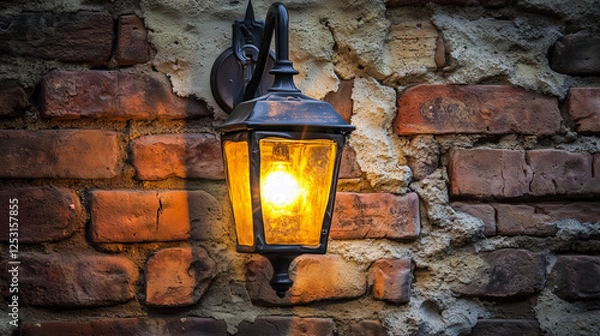 Obraz Vintage Lantern on Rustic Brick Wall with Warm Glowing Light