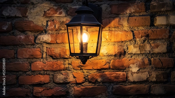 Obraz Vintage Lantern on Rustic Brick Wall with Warm Glowing Light