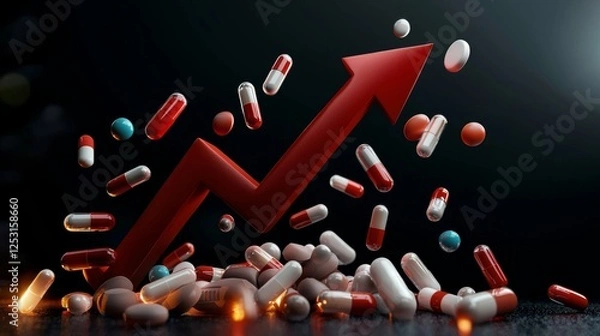 Obraz A dynamic image of capsules and tablets with a rising arrow, symbolizing growth in the pharmaceutical or health industry.