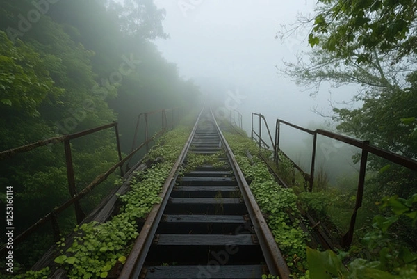 Obraz Abandoned railway tracks disappearing into a misty forest, overgrown with lush green foliage and surrounded by dense trees