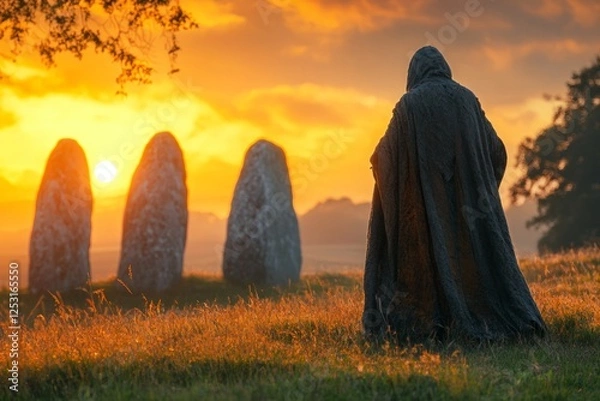 Obraz Celtic druid invoking ancient nature spirits at sunset amongst standing stones. Generative AI