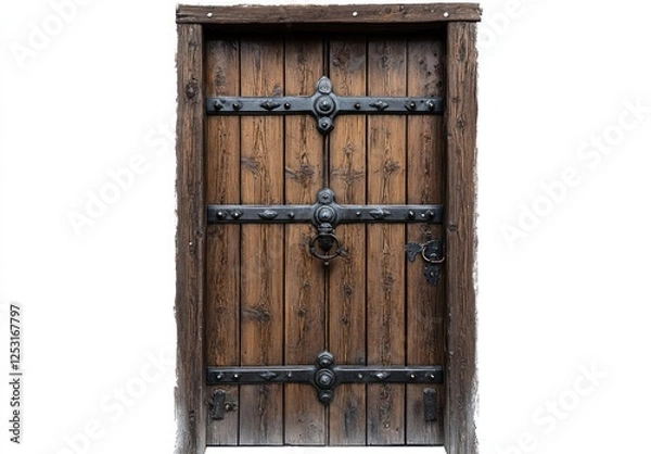Fototapeta An old wooden door with cross-bracing and iron fittings, set against a white background