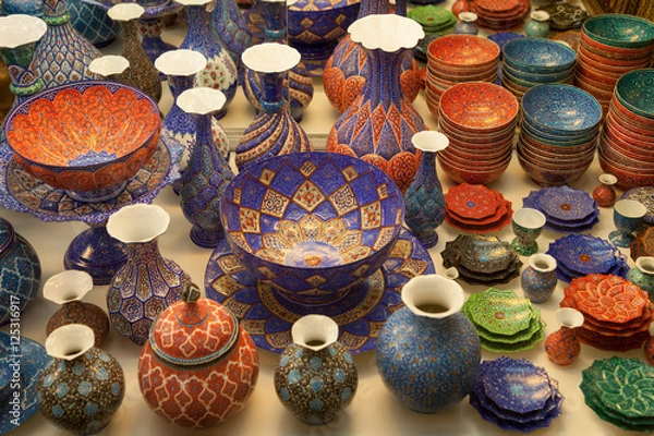 Fototapeta Handmade Persian Minakari as Enamel Decorated Vase and Bowls in Isfahan of Iran