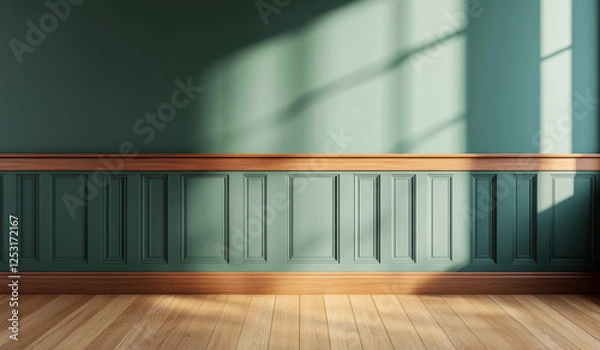 Fototapeta deep sage green wall with half deep brown paneling creates serene atmosphere, enhanced by natural light casting soft shadows