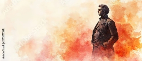 Fototapeta Artistic Portrayal Of A Historical Figure In A Dramatic Watercolor Style With Warm Color Tones, Evoking A Sense Of Nostalgia And Reverence.