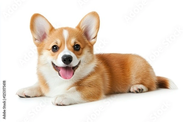 Obraz Adorable Corgi Puppy with Bright Smile Relaxing on White Background, Playful Expression, Alert Ears, Fluffy Fur, Ready for Fun and Playtime