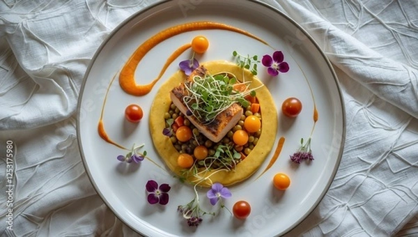 Fototapeta Pan-Seared Fish with Creamy Polenta and Vibrant Garnish