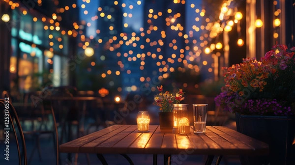 Fototapeta Stylish restaurant patio glowing under soft city lights, offering a peaceful date experience-2