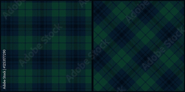 Fototapeta Dark green blue tone plaid seamless pattern vector. Background graphic tartan fashion design use for print, texture, cloth, fabric, flannel.