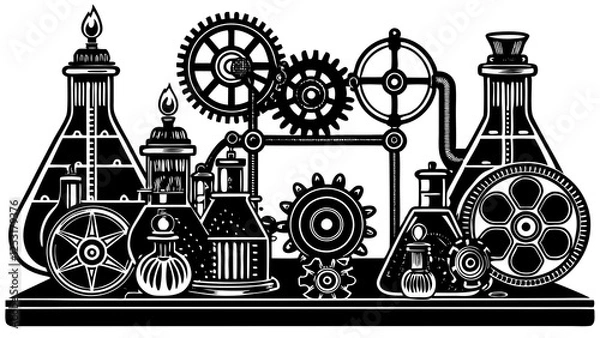 Obraz Steampunk laboratory, Victorian science equipment, gears and cogs, retro chemistry glassware, vintage microscope