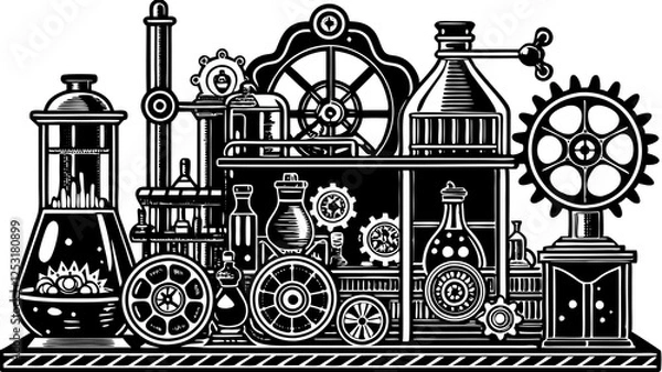 Fototapeta Steampunk cityscape, intricate gears and mechanisms, Victorian industrial architecture, black and white silhouette, detailed machinery, clockwork elements