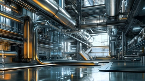Fototapeta Futuristic Industrial Complex: Open Space with Advanced Piping and Ventilation Systems