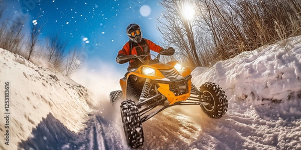 Fototapeta dynamic photo with a racer on an ATV on a snow-covered path, sunny day