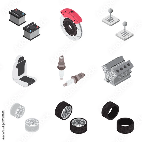 Fototapeta Zestaw ikon części samochodowych izometryczny ilustracji wektorowych