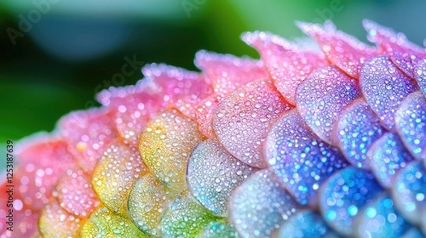 Fototapeta Rainbow dew drops on plant scales, close-up macro