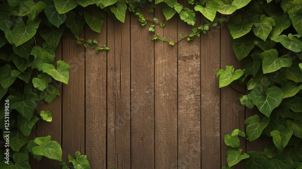 Fototapeta rustic wooden background framed by lush green ivy leaves creates serene and natural atmosphere. This evokes sense of tranquility and connection to nature