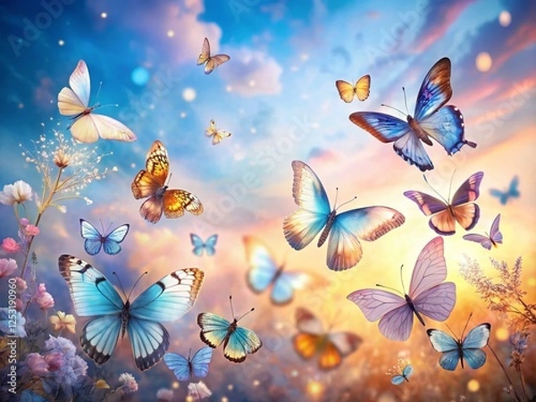 Obraz Vibrant Butterflies Dance in Pastel Sky: Dreamy Spring Landscape