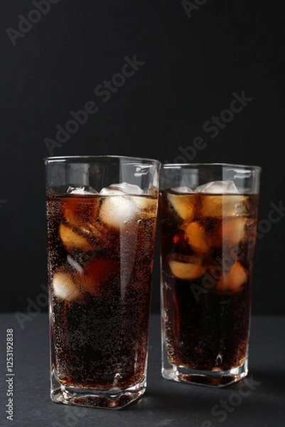 Fototapeta Refreshing cola with ice cubes in glasses on black table, closeup