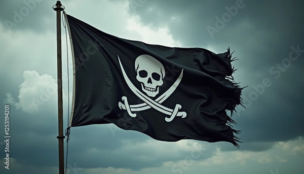 Fototapeta Pirate flag background – black Jolly Roger with tattered edges waving against a stormy sky