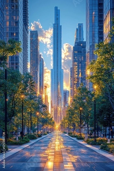Fototapeta Cityscape at Sunset with Tall Skyscrapers and a Central Walkway