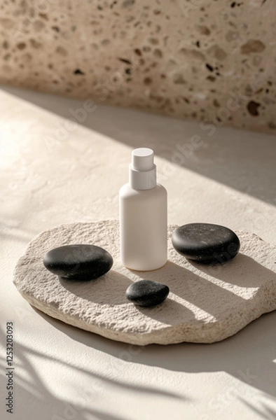 Fototapeta Minimalist skincare bottle mockup with natural shadows and organic stones.