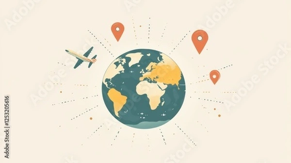 Fototapeta Airplane flying over world map, global travel, showing destinations. Possible use Travel brochure, tourism website