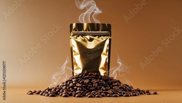 Fototapeta Coffee Packaging with Steam. This image showcases a golden stand-up pouch, designed for coffee packaging