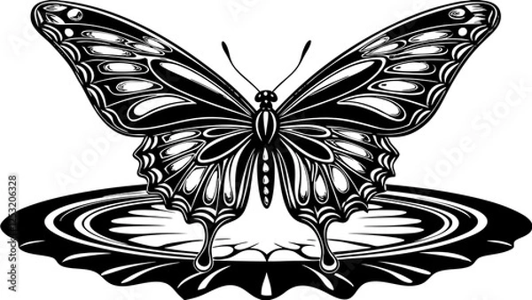 Fototapeta Intricate black and white butterfly illustration, detailed wing patterns, symmetrical design, reflective water surfac
