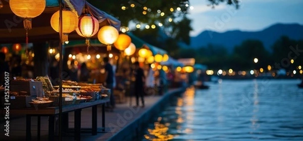 Obraz Illuminated Waterfront Market at Dusk, A Serene Asian Evening Scene