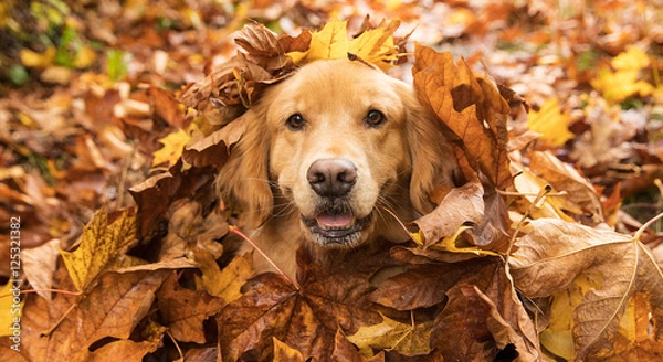 Obraz Golden Retriever Dog w kupie liści jesienią