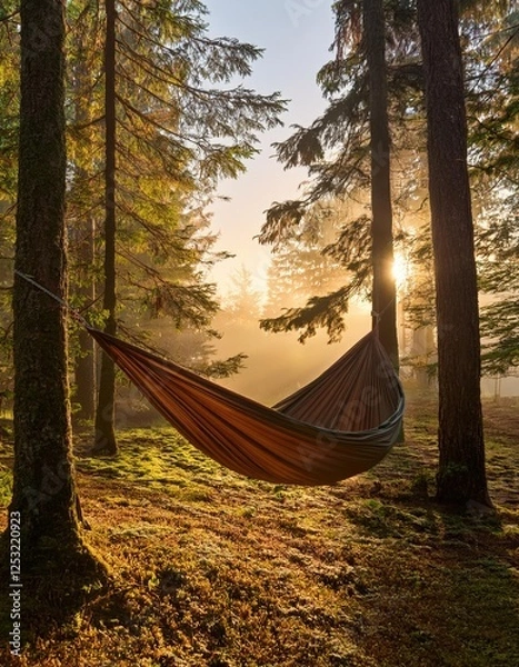 Fototapeta A tranquil hammock hangs between majestic evergreens, bathed in warm morning light. This peaceful spot invites relaxation and a perfect retreat into the heart of nature