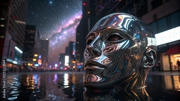 Fototapeta cyberpunk cityscape, giant metallic head sculpture, reflective streets, neon lights, futuristic architecture