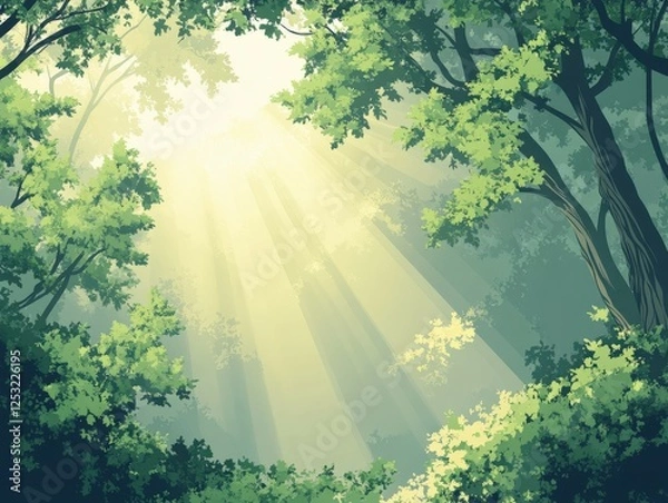 Fototapeta Sunlight filters through lush green trees in a forest