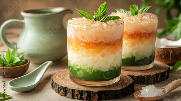 Fototapeta Artisanal layered beverages with mint garnish and rustic wooden coasters display