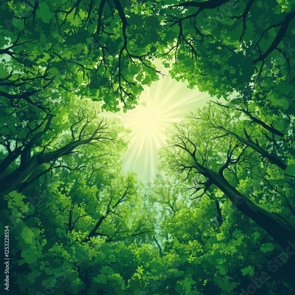 Fototapeta Sunlight filtering through a lush green forest canopy