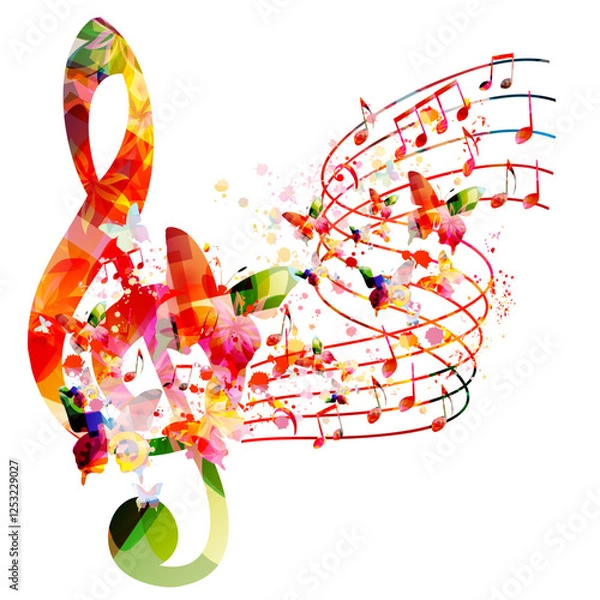 Fototapeta Music background with colorful music notes vector illustration design. Artistic music festival poster, live concert events, party flyer, music notes signs and symbols	