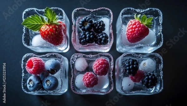 Fototapeta Frozen Berries in Ice Cubes