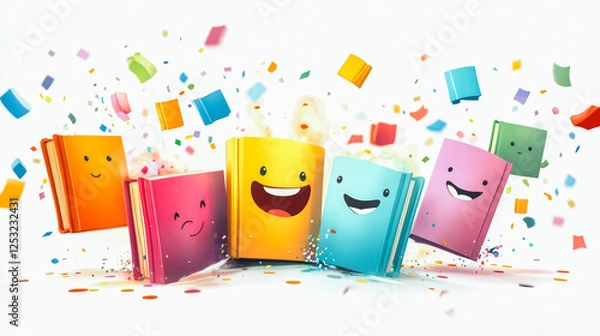 Fototapeta A group of colorful books with smiling faces on them