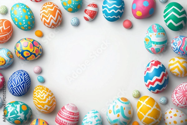 Fototapeta bright easter eggs decorated with stripes, and dots arranged in a circular border on a light background. Spring holiday frame, ideal for banners, social media, and festive promotions