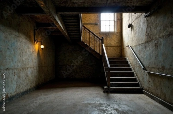 Fototapeta empty basement in abandoned old industrial building with little light and a wooden stairs